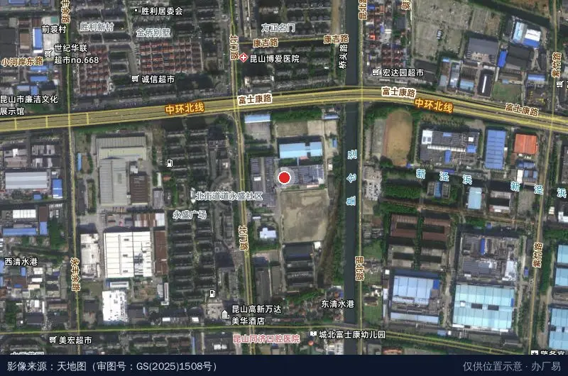 昆山富士康城北工业园区卫星位置示意图